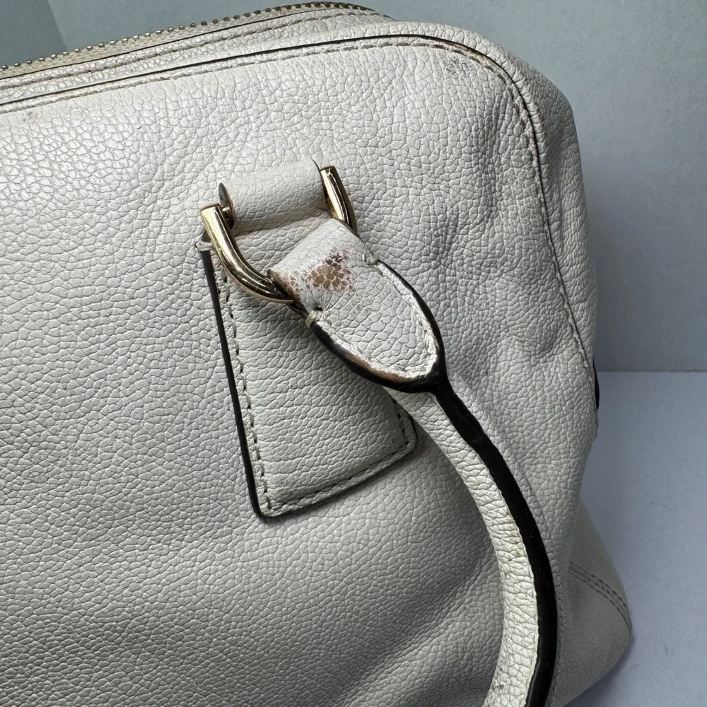 Michael Kors Double Zip Top Handle Satchel Handbag Cream Pebbled Leather & Strap